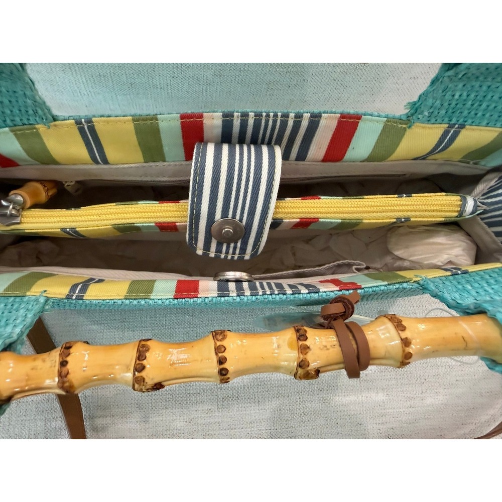 Fossil Straw Bamboo Handle Crossbody Bag Turquoise Blue Woven Summer Handbag NEW - Picture 11 of 12